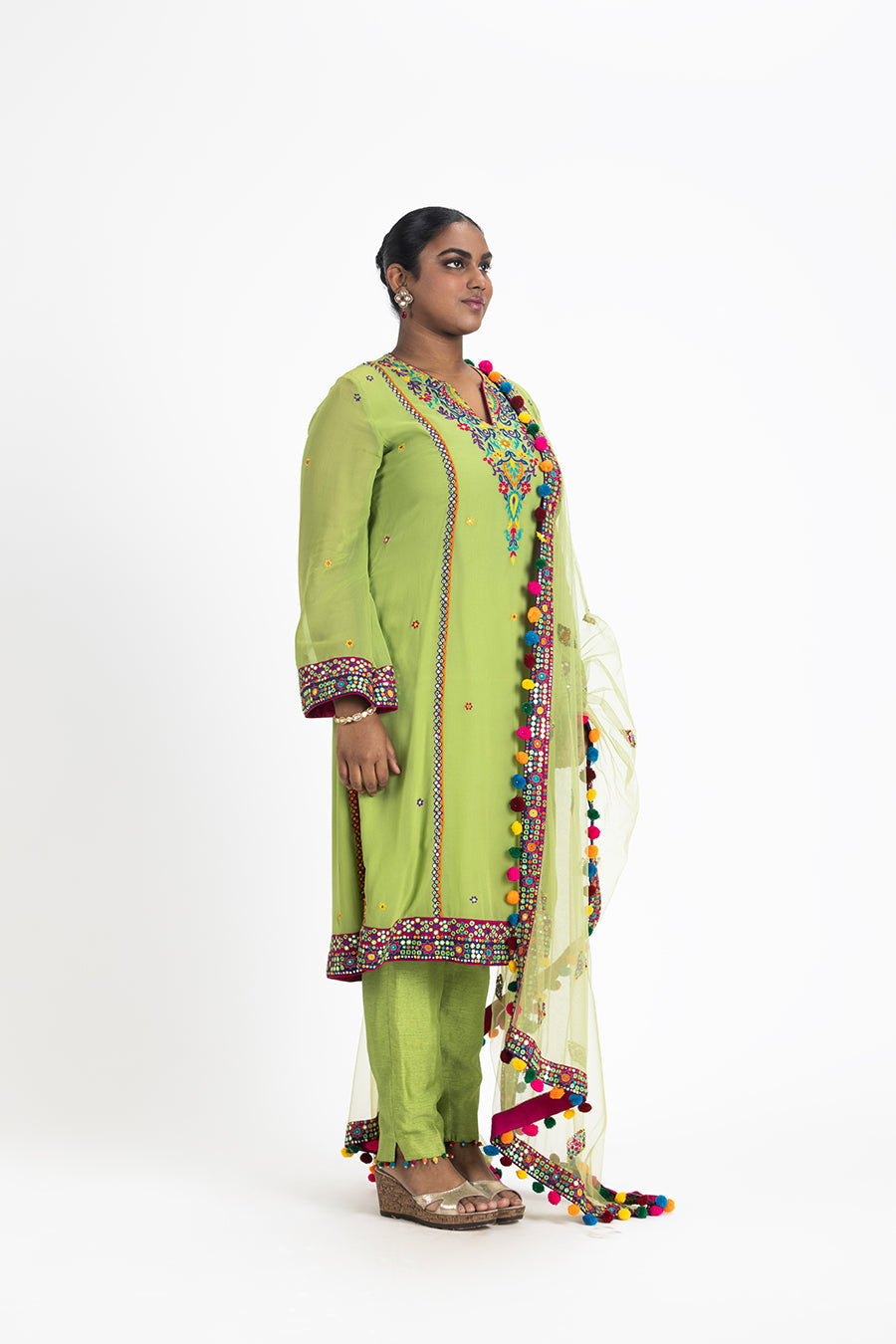 Lime Green Georgette Kurta Set with Resham Embroidery