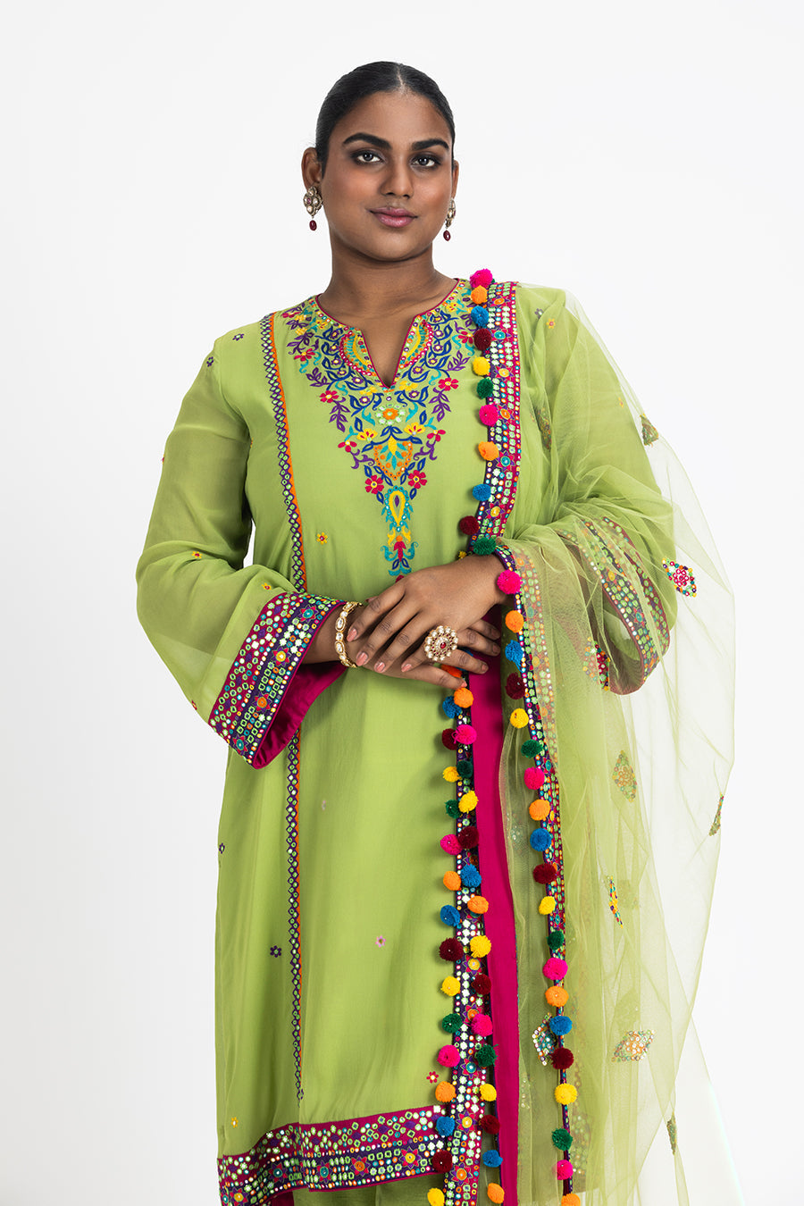 Lime Green Georgette Kurta Set with Resham Embroidery