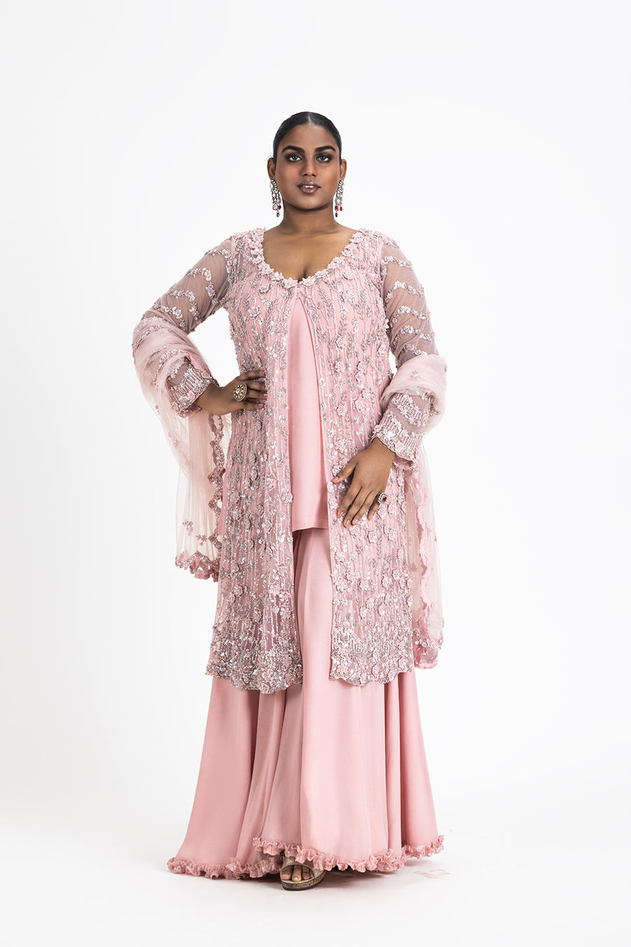 Rose Pink Net Embroidered Jacket & Georgette Sharara Set