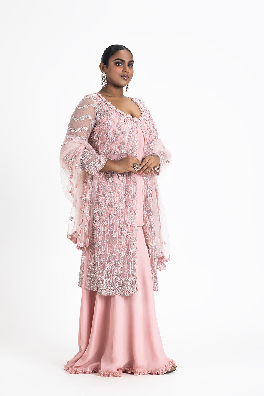 Rose Pink Net Embroidered Jacket & Georgette Sharara Set