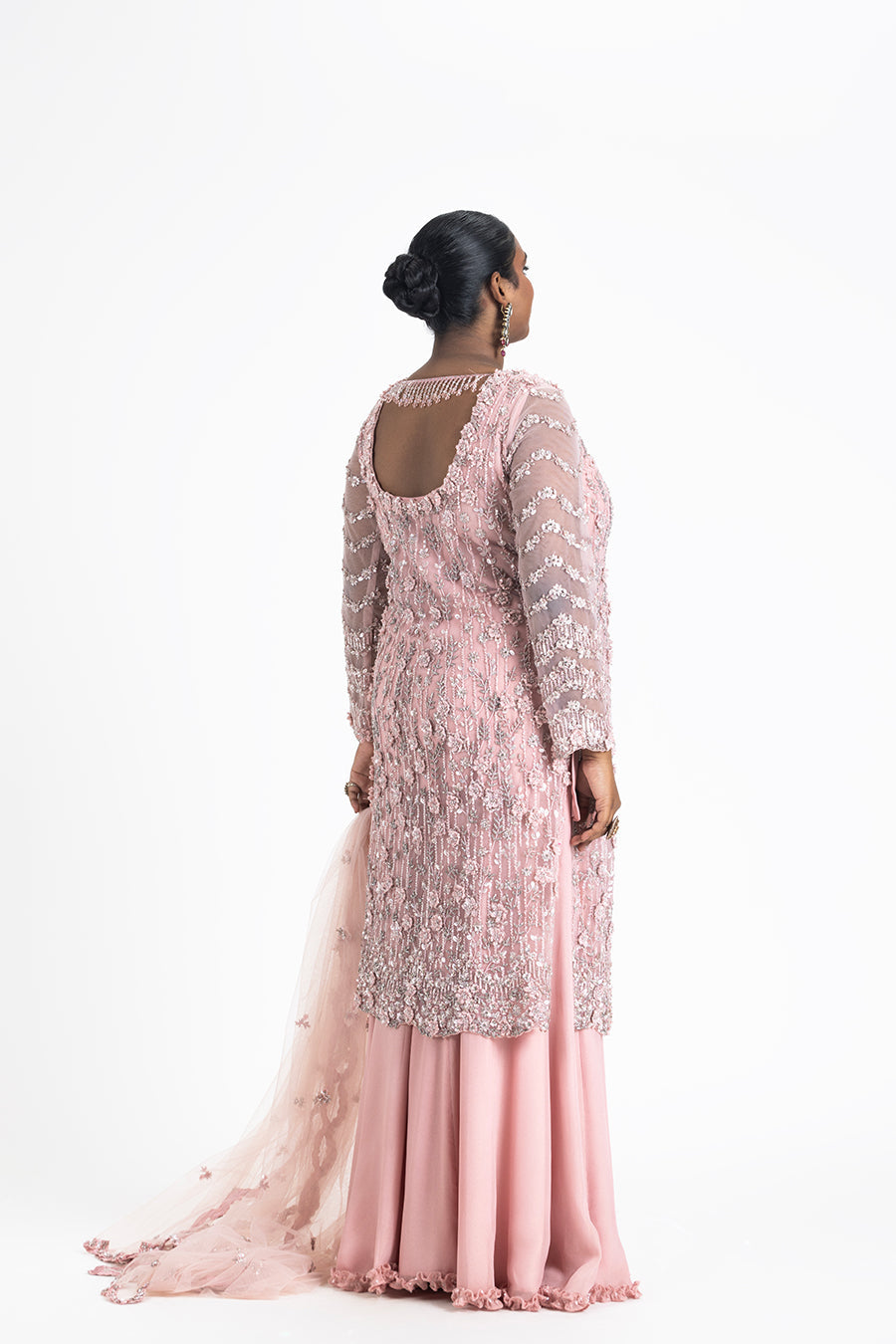 Rose Pink Net Embroidered Jacket & Georgette Sharara Set