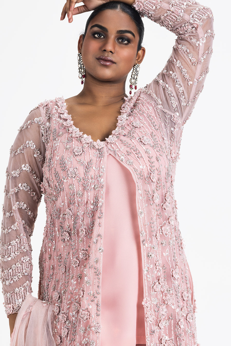Rose Pink Net Embroidered Jacket & Georgette Sharara Set