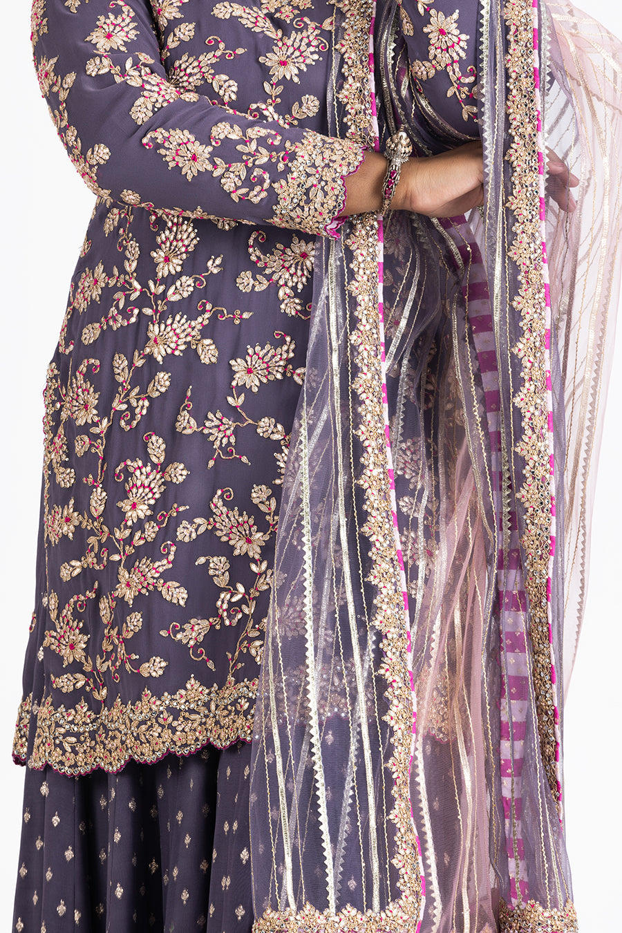 PURPLE GEORGETTE KURTA BENARSI SHARARA AND ORGANZA DUPATTA SET