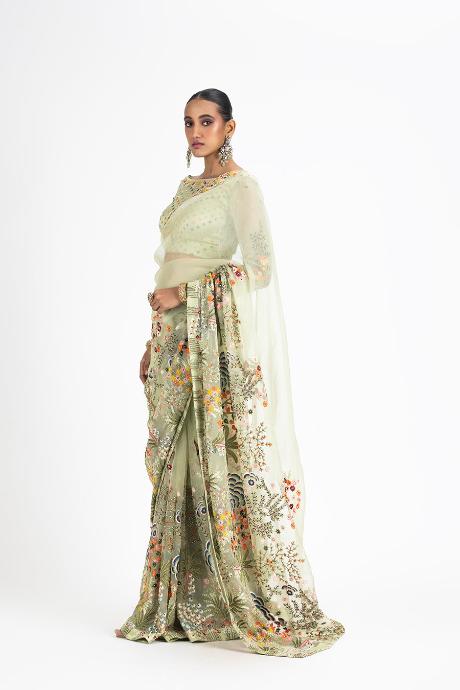 OLIVE GREEN ORGANZA SAREE BLOUSE