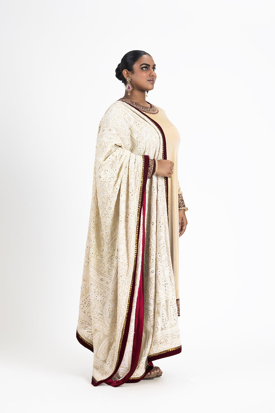 Beige Velvet Kurta Palazzo with Mokaish Chikankari Dupatta