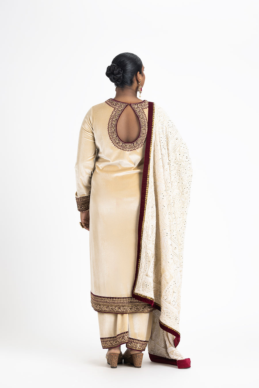 Beige Velvet Kurta Palazzo with Mokaish Chikankari Dupatta