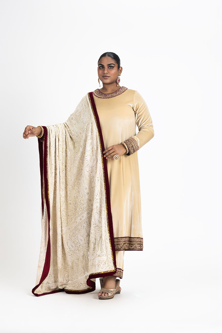 Beige Velvet Kurta Palazzo with Mokaish Chikankari Dupatta