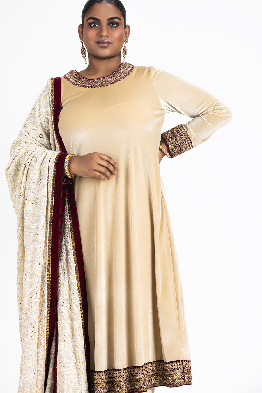 Beige Velvet Kurta Palazzo with Mokaish Chikankari Dupatta
