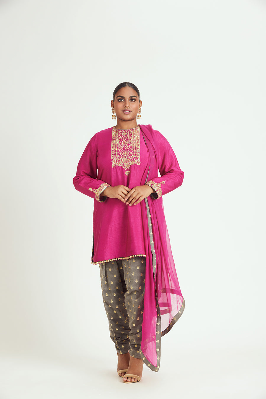 Fuchsia Georgette Kurta & Grey Banarasi Salwar Suit Set
