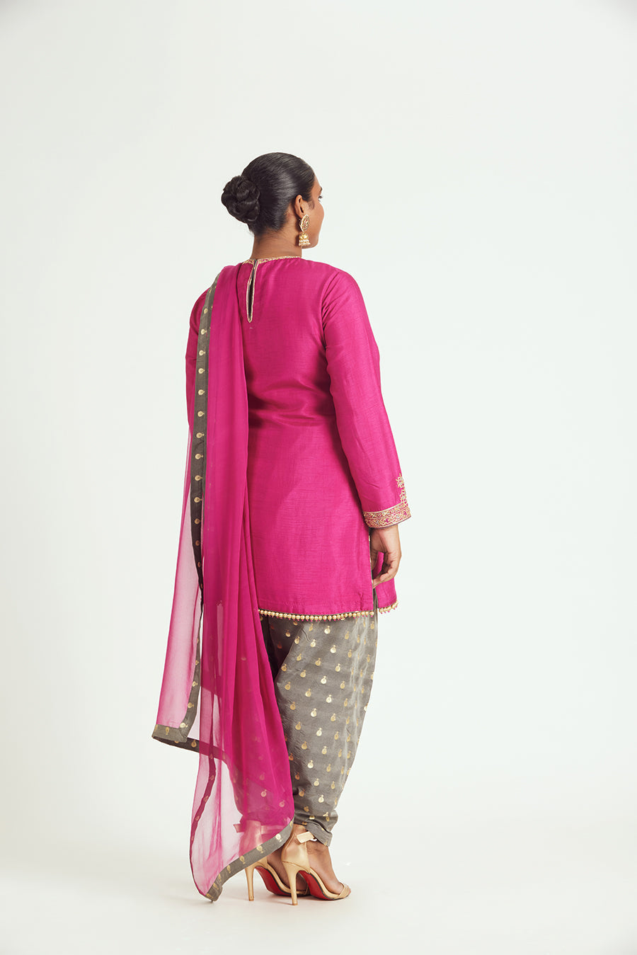 Fuchsia Georgette Kurta & Grey Banarasi Salwar Suit Set