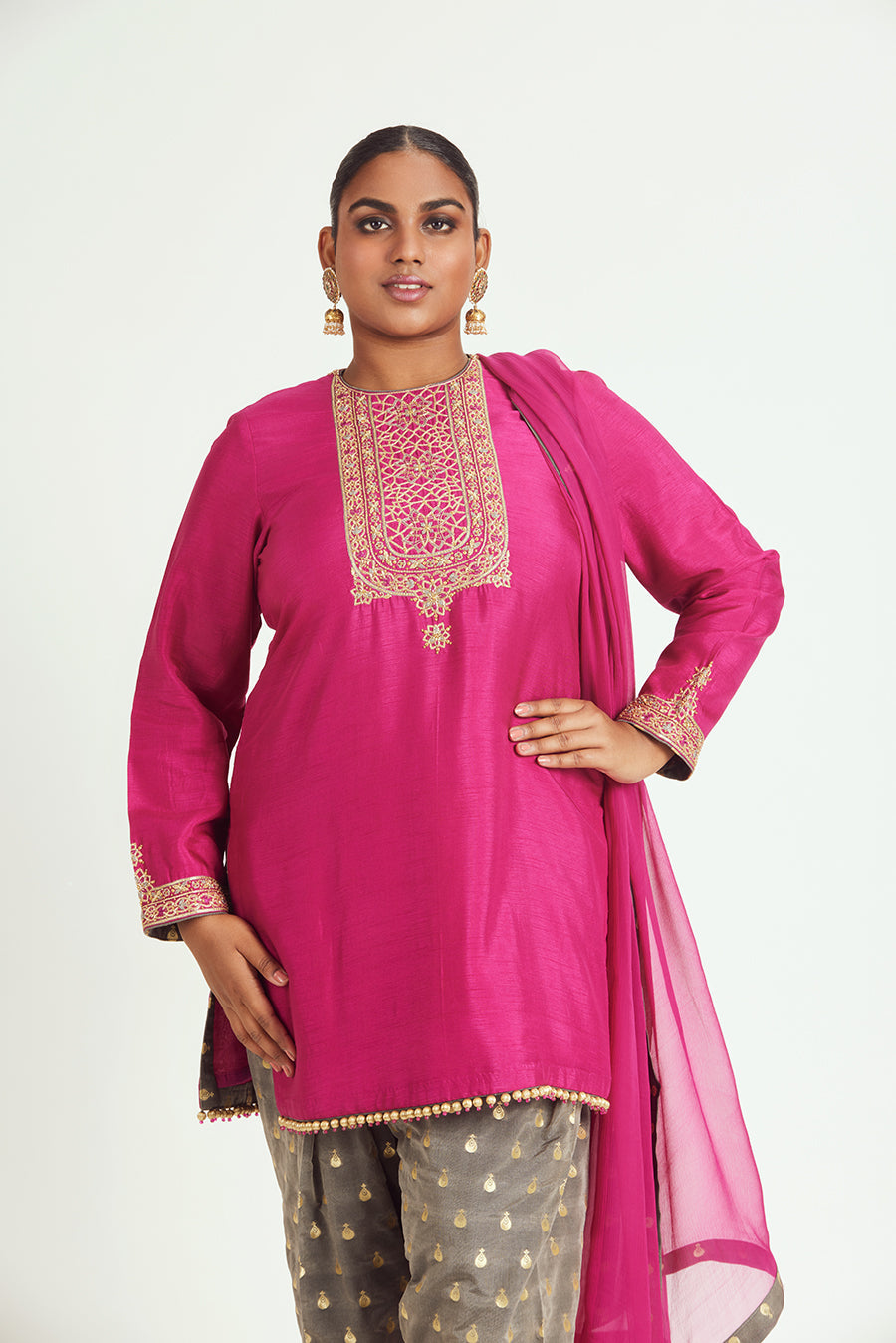 Fuchsia Georgette Kurta & Grey Banarasi Salwar Suit Set
