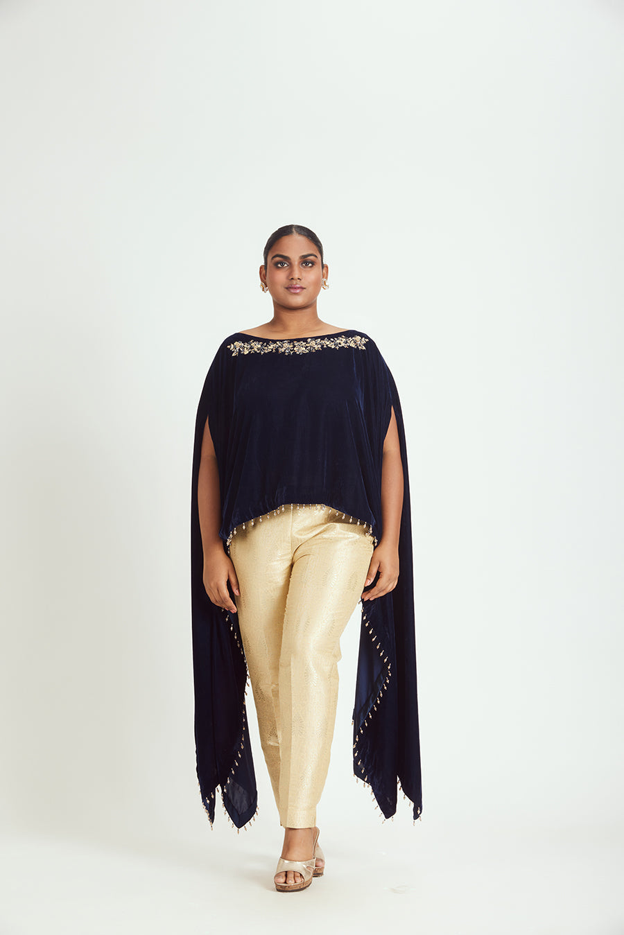 Navy Velvet Poncho with Brocade Trousers - Luxury Fusion Set