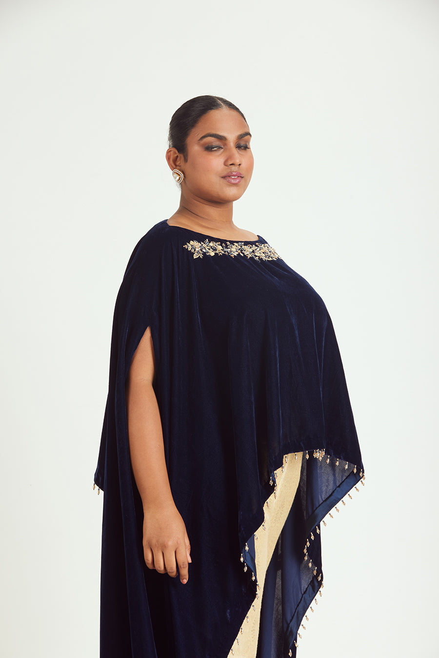 Navy Velvet Poncho with Brocade Trousers - Luxury Fusion Set