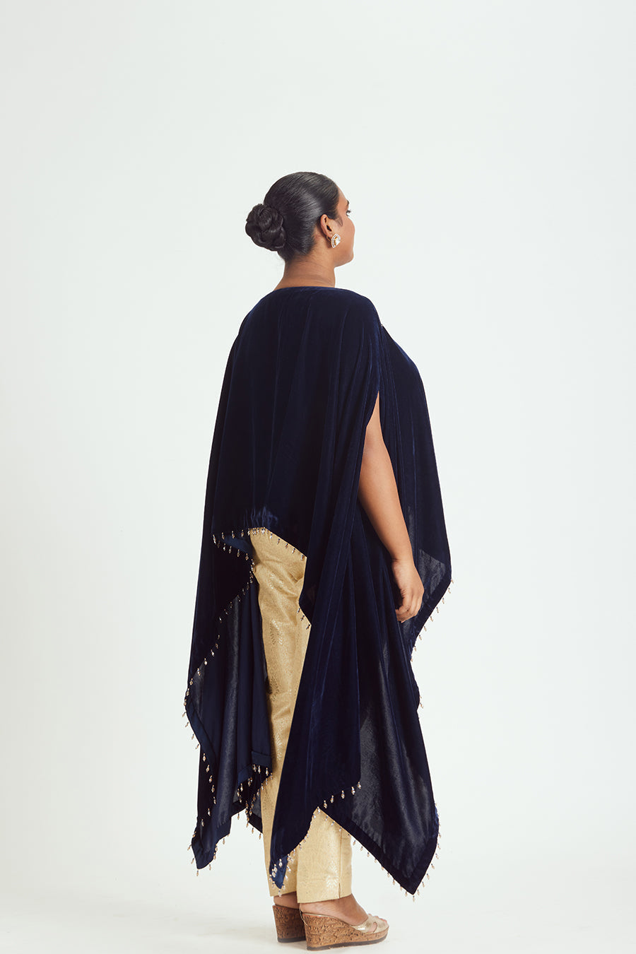 Navy Velvet Poncho with Brocade Trousers - Luxury Fusion Set