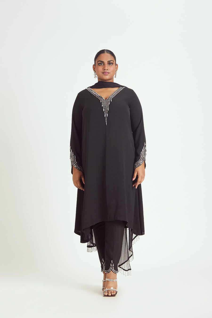 Black Satin Embroidered Kurta and Trouser Set with Chiffon Dupatta