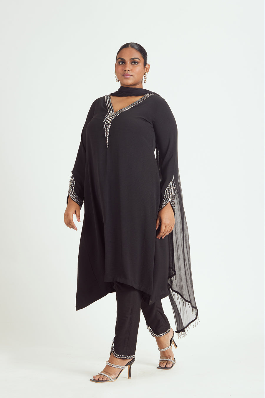 Black Satin Embroidered Kurta and Trouser Set with Chiffon Dupatta