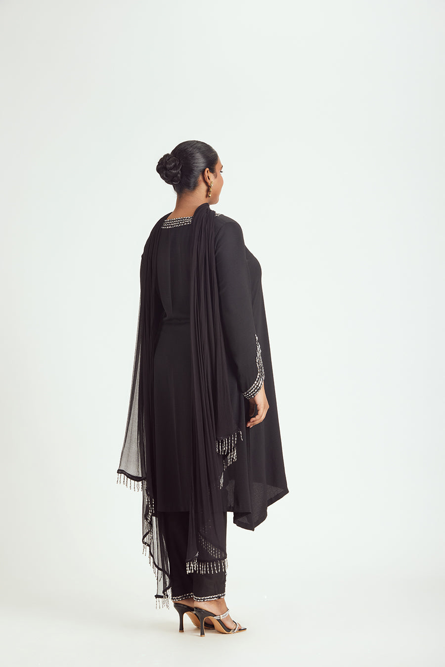 Black Satin Embroidered Kurta and Trouser Set with Chiffon Dupatta