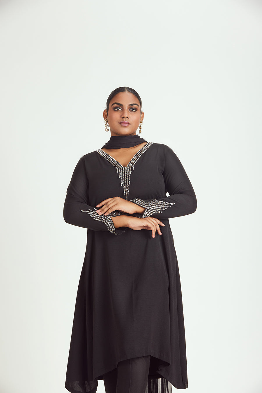 Black Satin Embroidered Kurta and Trouser Set with Chiffon Dupatta