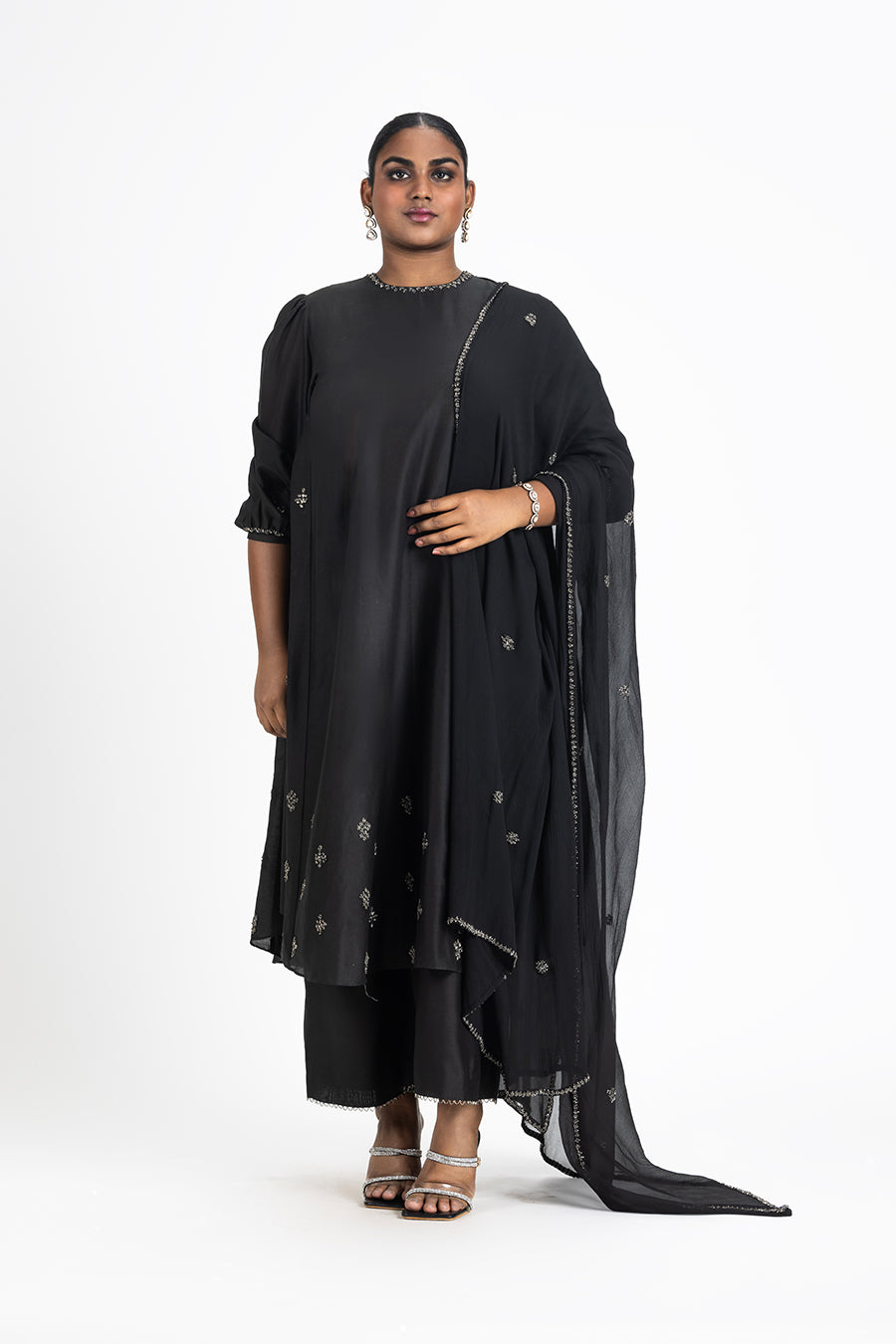 Black Chanderi Kurta Palazzo Set with Gunmetal Embroidery