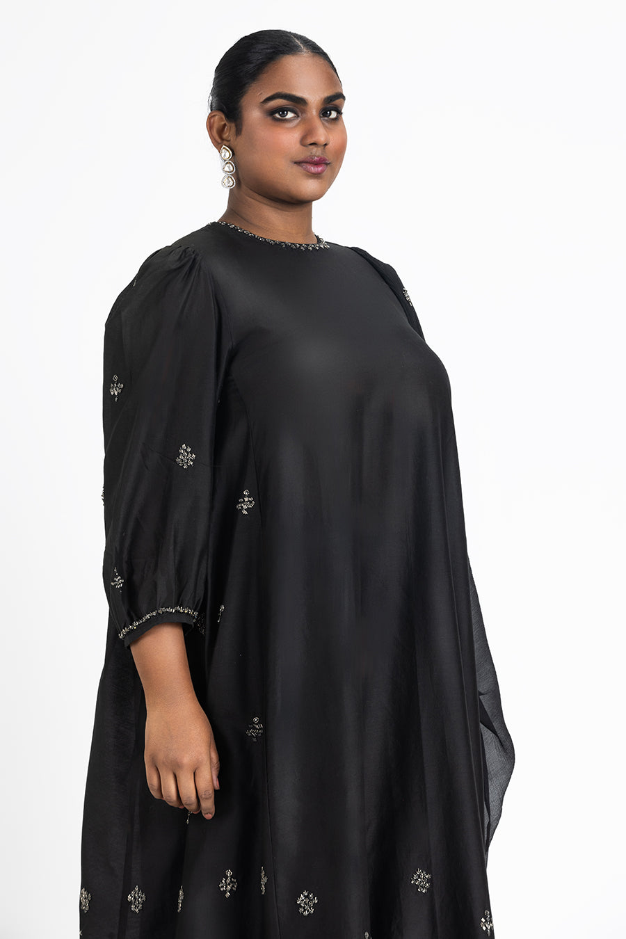 Black Chanderi Kurta Palazzo Set with Gunmetal Embroidery