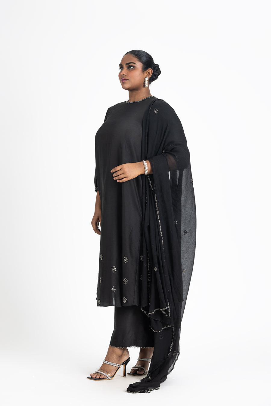 Black Chanderi Kurta Palazzo Set with Gunmetal Embroidery