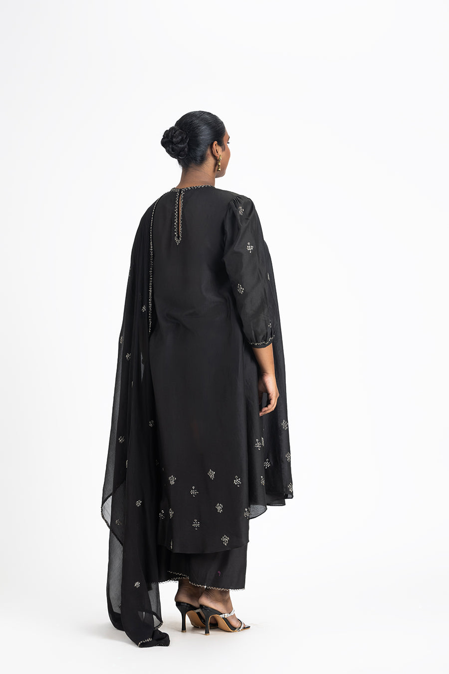 Black Chanderi Kurta Palazzo Set with Gunmetal Embroidery
