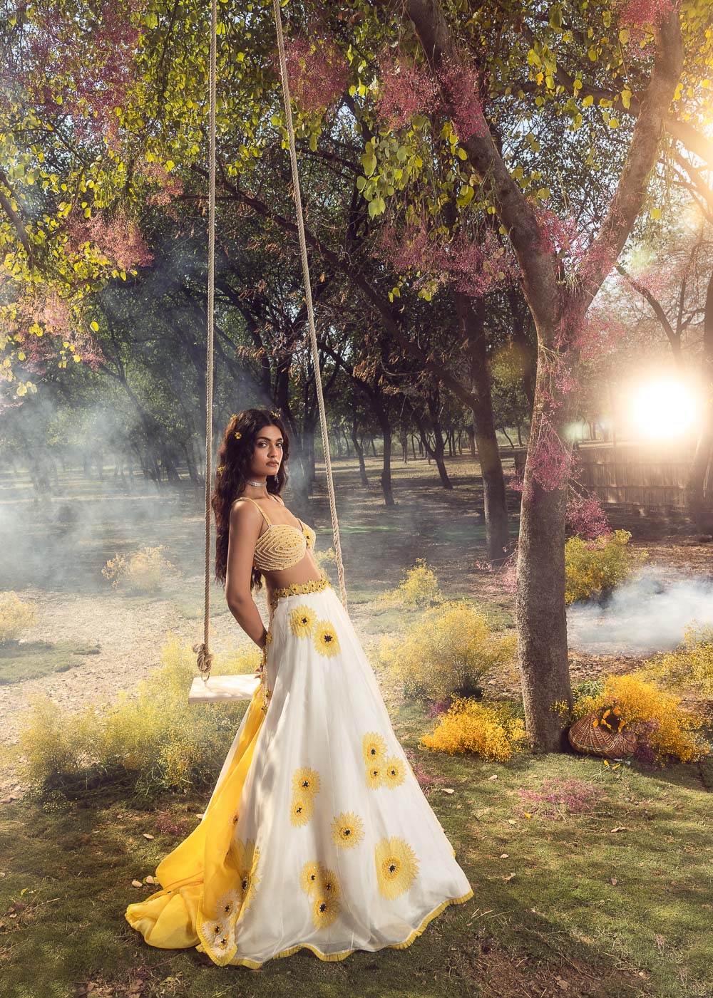 Off White Sunflower Lehenga Set With Belt