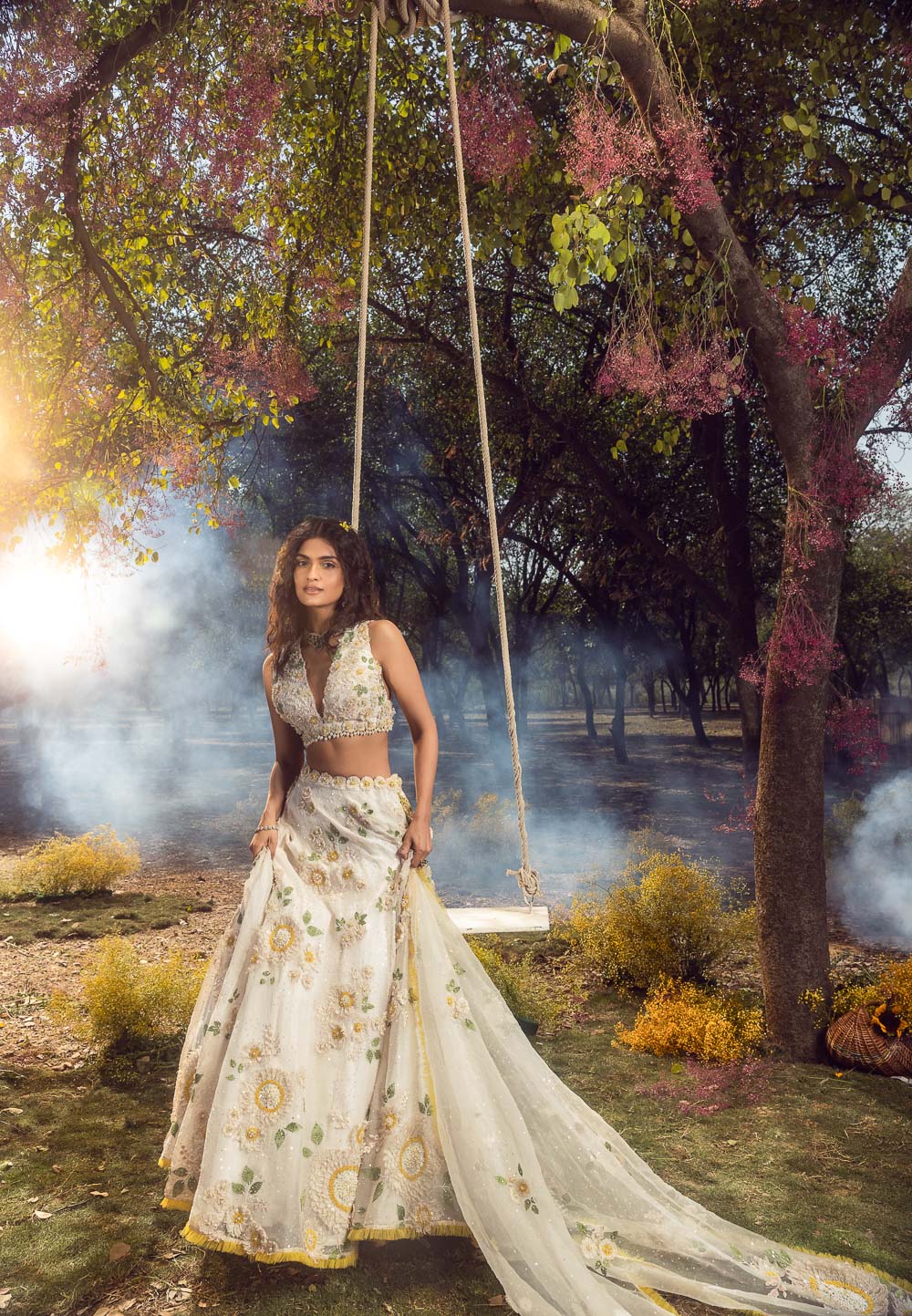 Off White 3D Lehenga Set