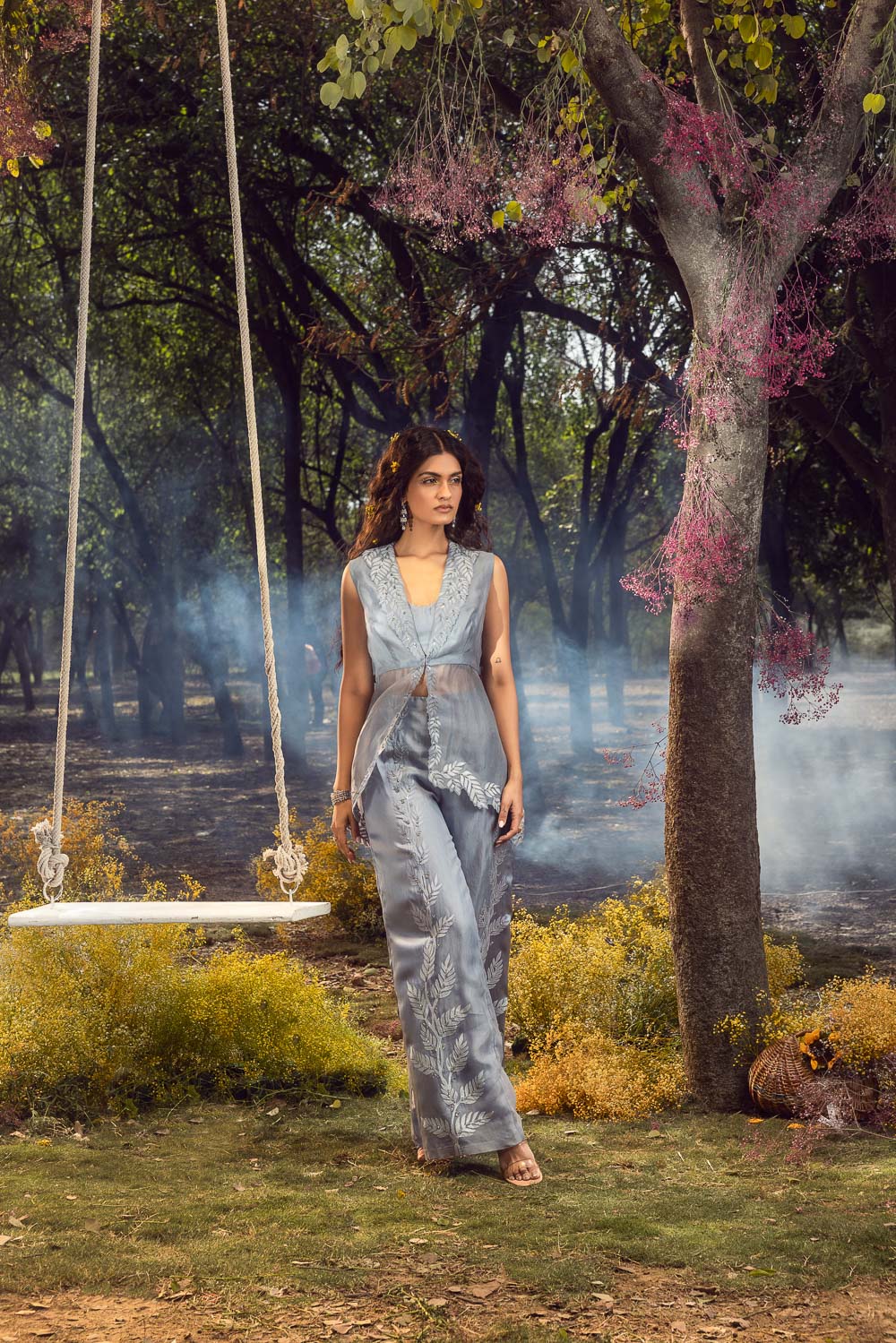 Blue Grey Organza Jacket and Trouser Set with Satin Bustier