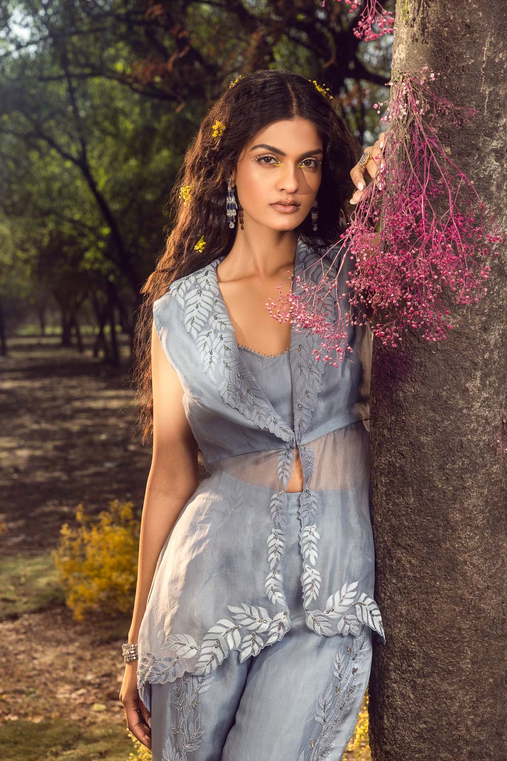 Blue Grey Organza Jacket and Trouser Set with Satin Bustier