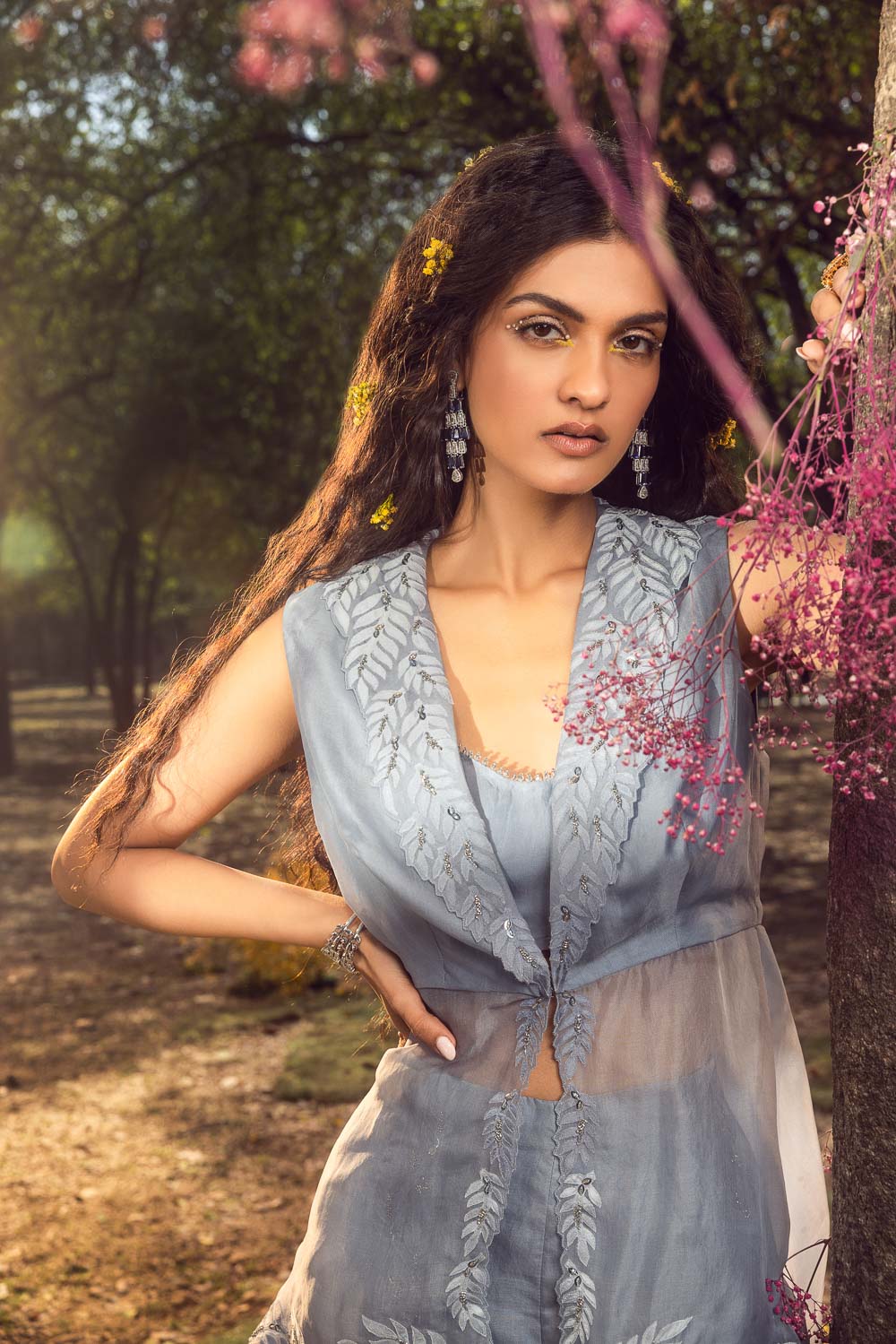 Blue Grey Organza Jacket and Trouser Set with Satin Bustier