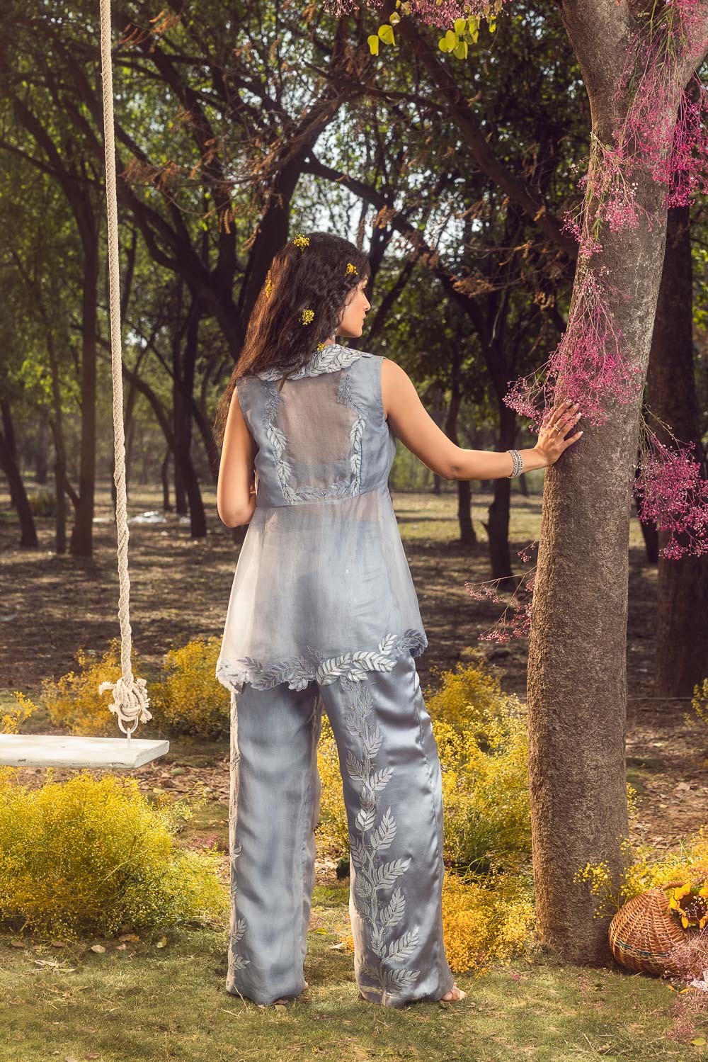Blue Grey Organza Jacket and Trouser Set with Satin Bustier