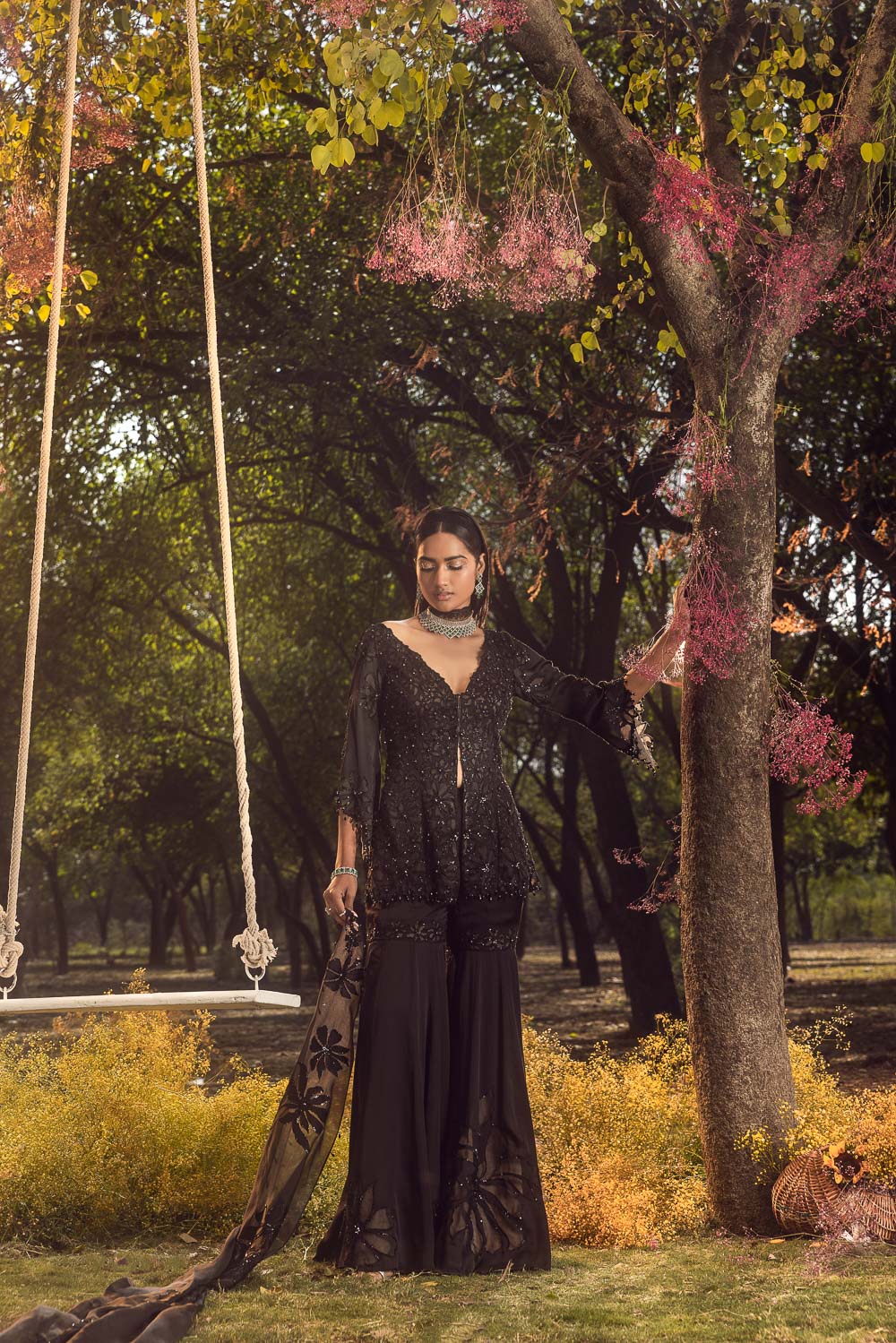 Black Nude Peplum Garara Set in Structured Organza and Fluid Satin