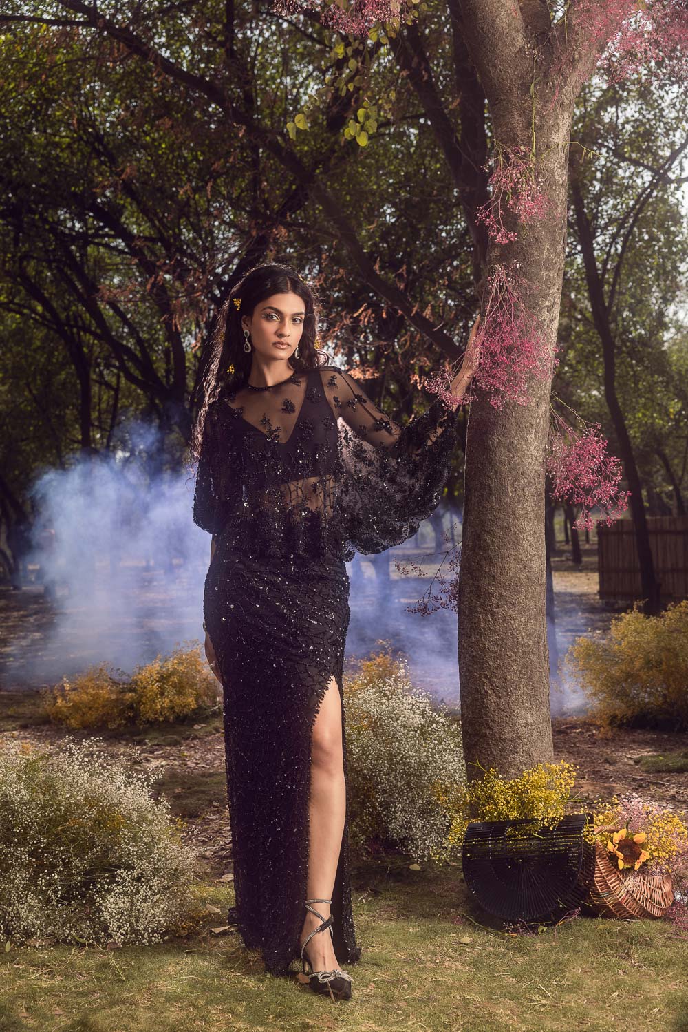 Black Embroidered Cape Skirt Set with Crystal Embellishments