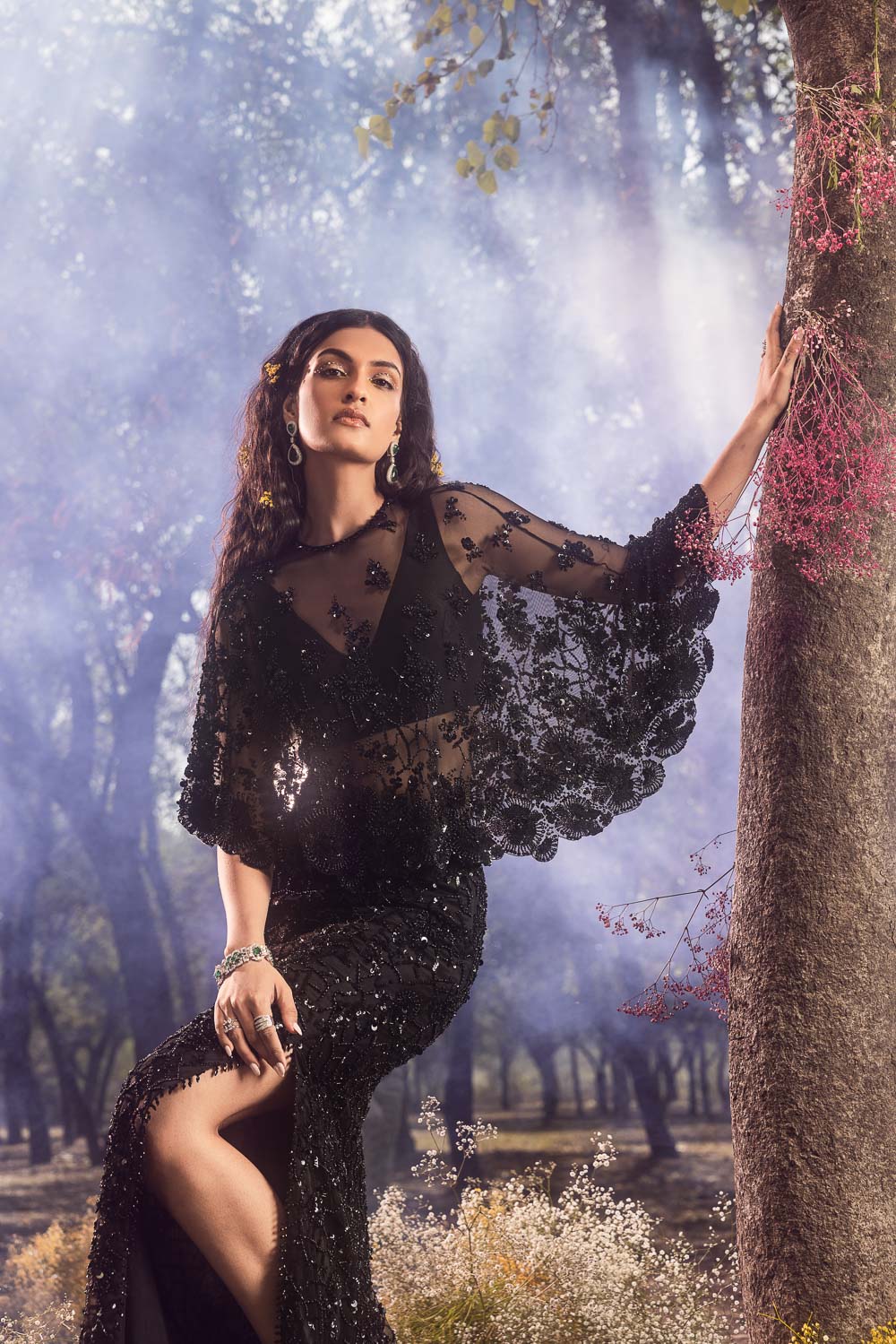 Black Embroidered Cape Skirt Set with Crystal Embellishments