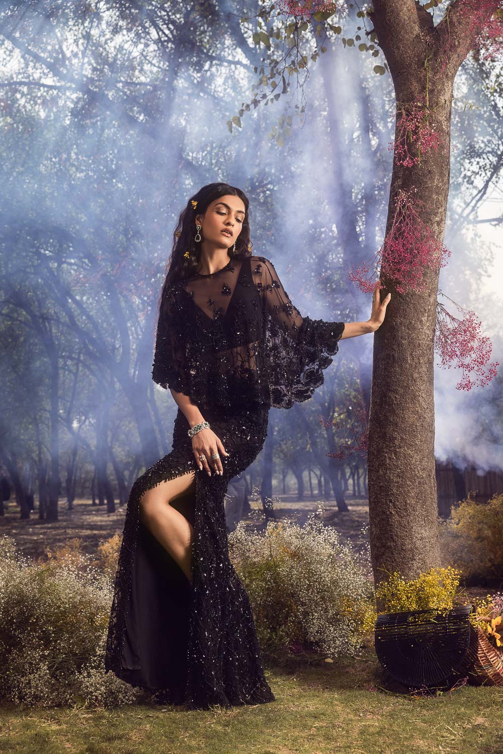Black Embroidered Cape Skirt Set with Crystal Embellishments