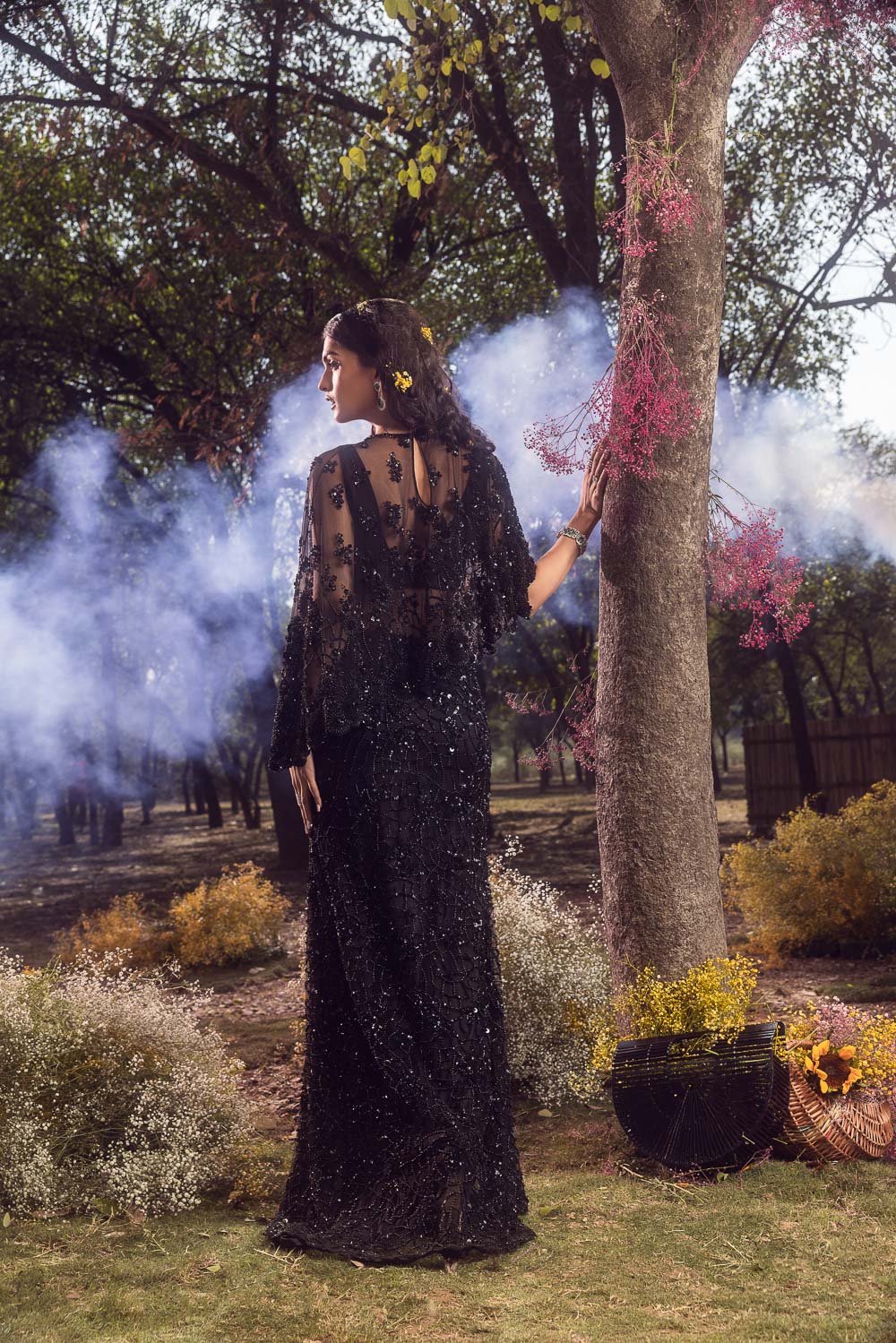 Black Embroidered Cape Skirt Set with Crystal Embellishments