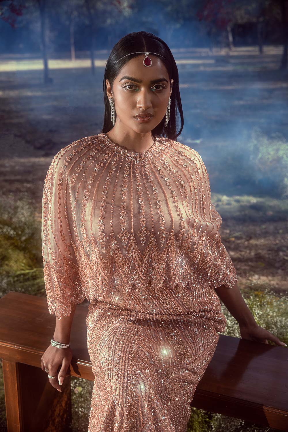 Peach Net Embroidered Skirt with Trail and Cape Bustier