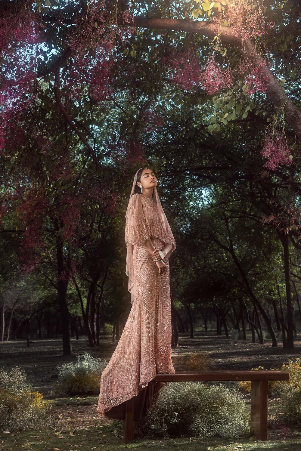 Peach Net Embroidered Skirt with Trail and Cape Bustier