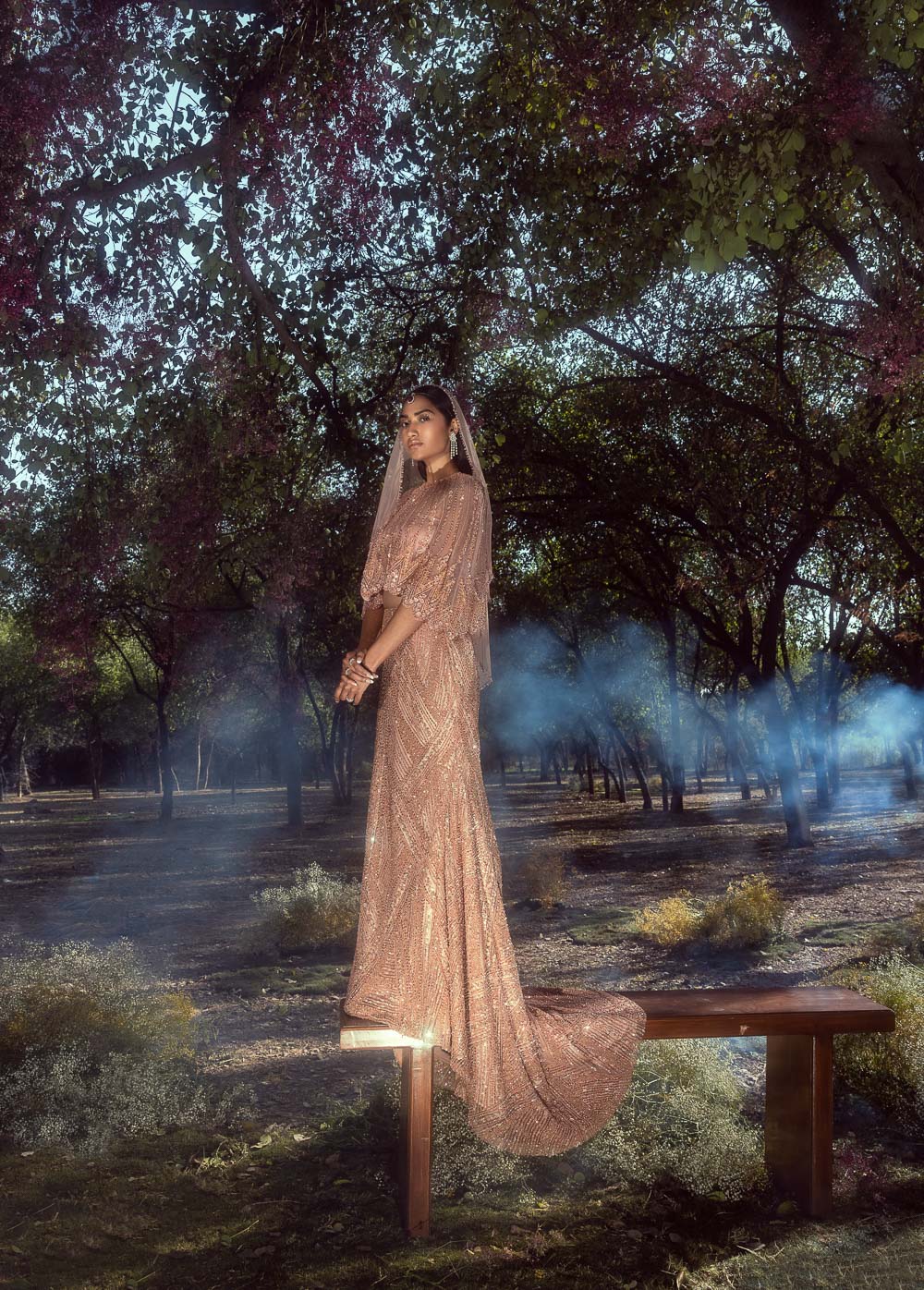 Peach Net Embroidered Skirt with Trail and Cape Bustier
