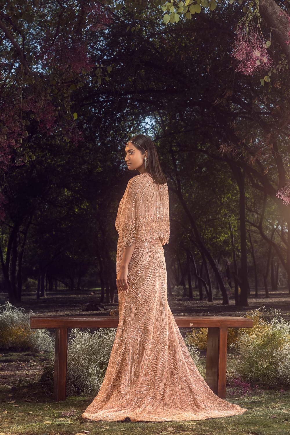 Peach Net Embroidered Skirt with Trail and Cape Bustier