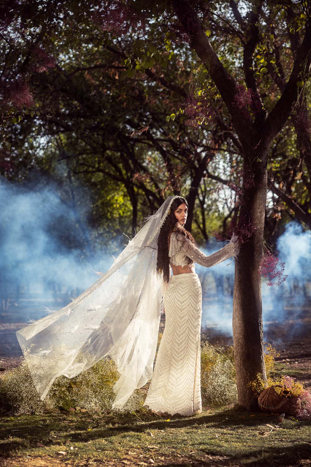 Ivory Beadwork Net Skirt and Blouse Set with Soft Veil