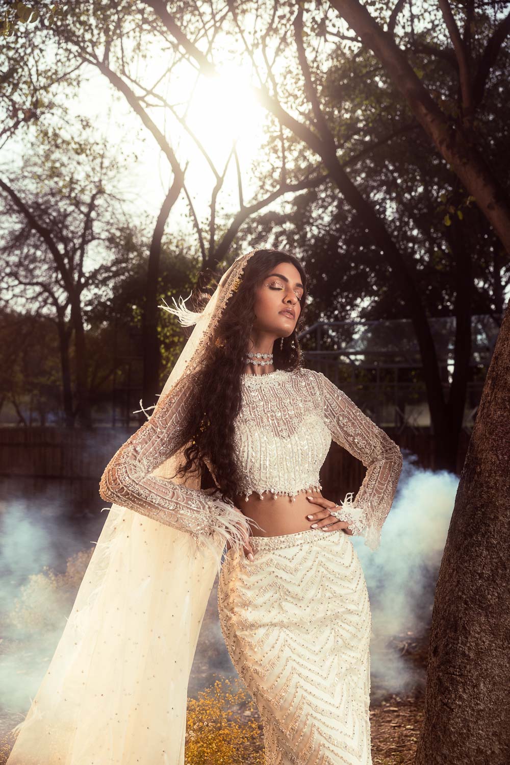 Ivory Beadwork Net Skirt and Blouse Set with Soft Veil