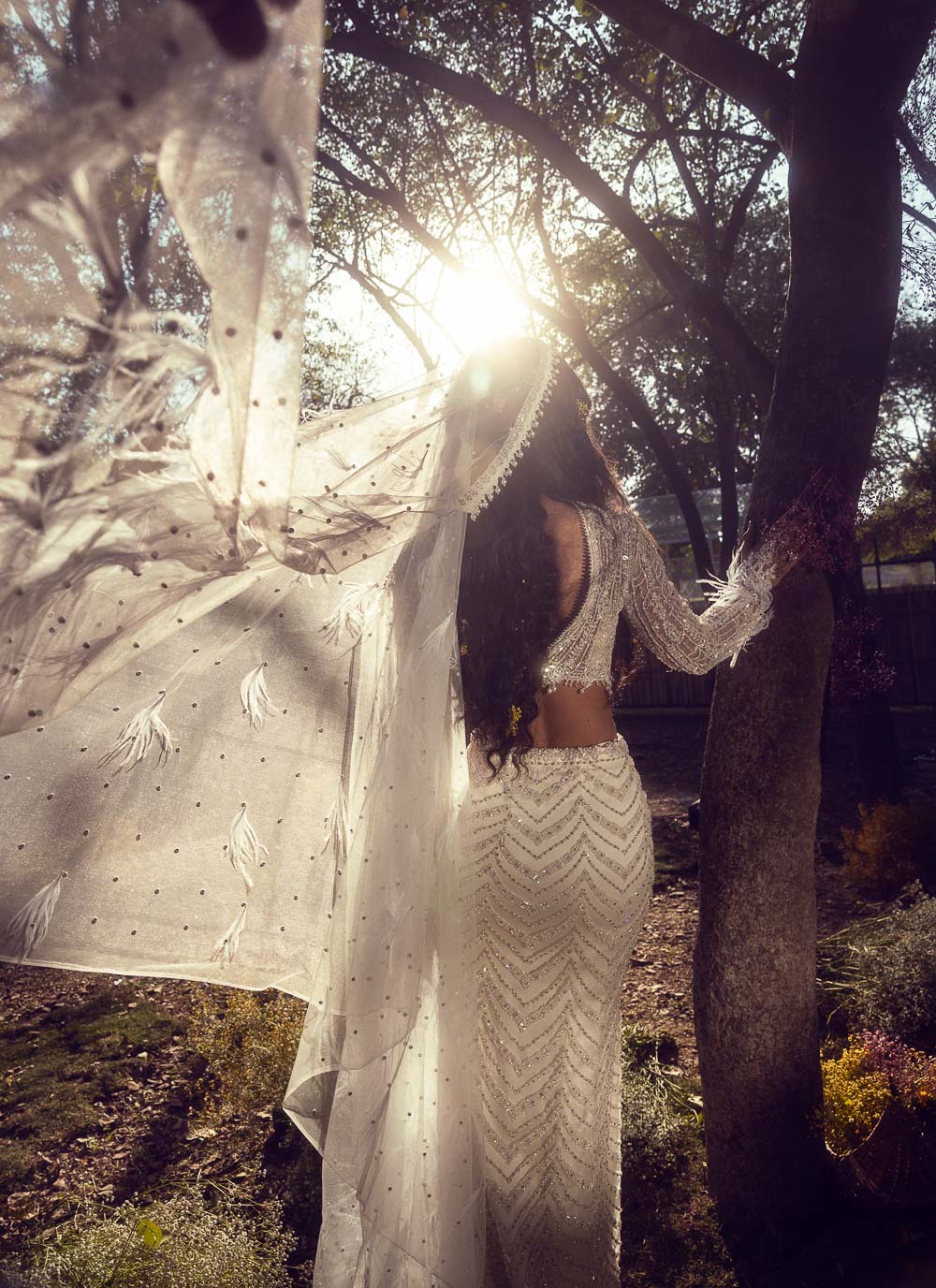 Ivory Beadwork Net Skirt and Blouse Set with Soft Veil