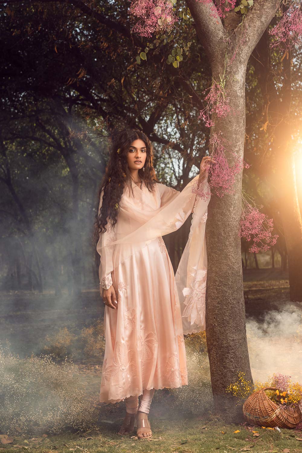 Blush Pink Satin Anarkali Set with Floral Applique Organza Dupatta