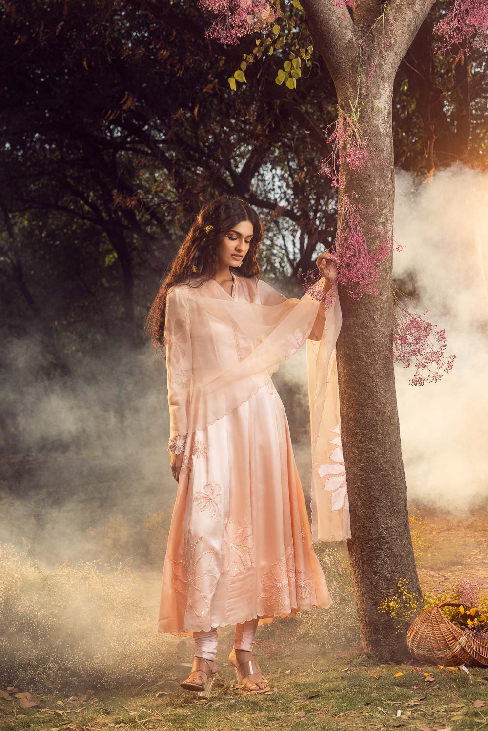 Blush Pink Satin Anarkali Set with Floral Applique Organza Dupatta
