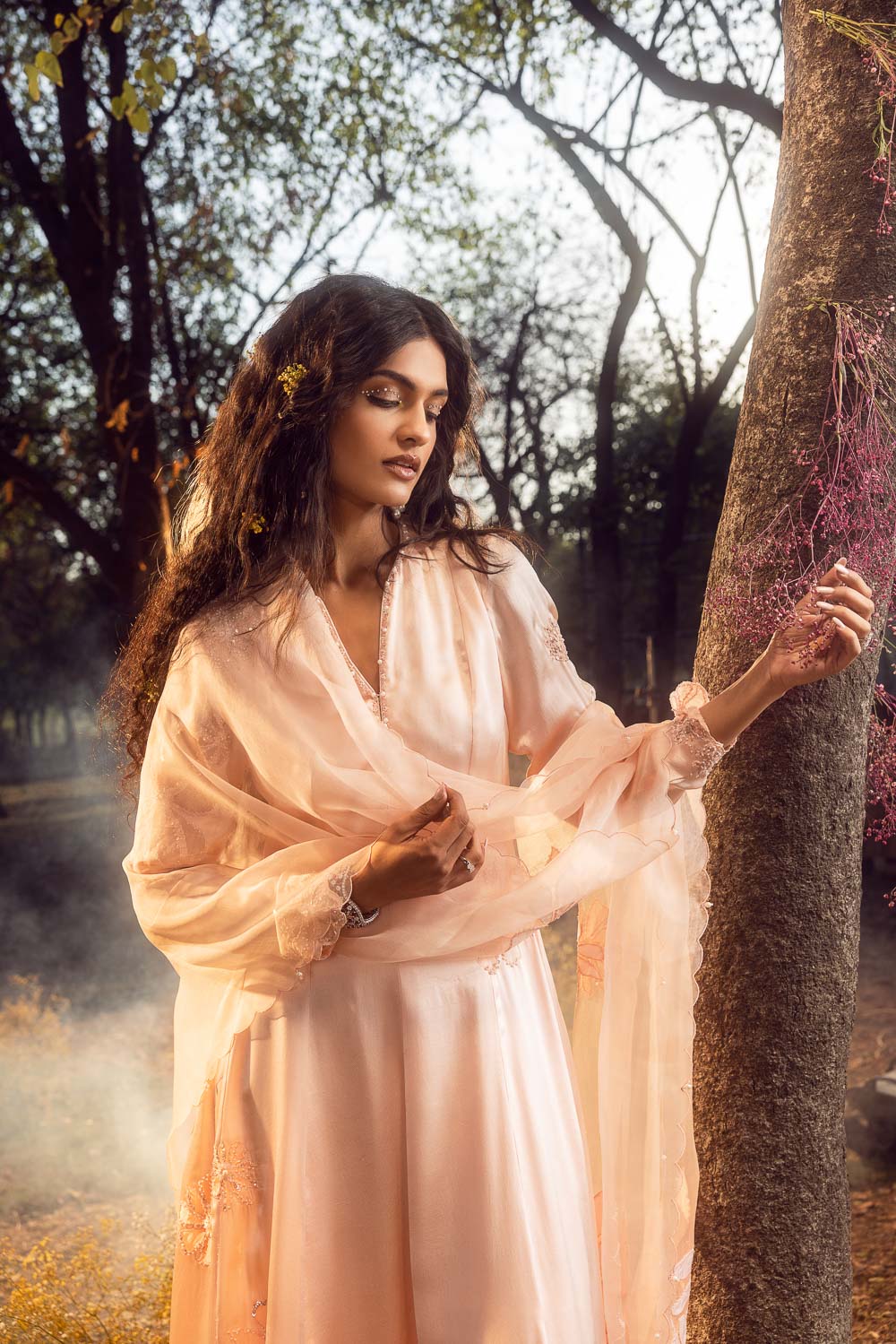 Blush Pink Satin Anarkali Set with Floral Applique Organza Dupatta