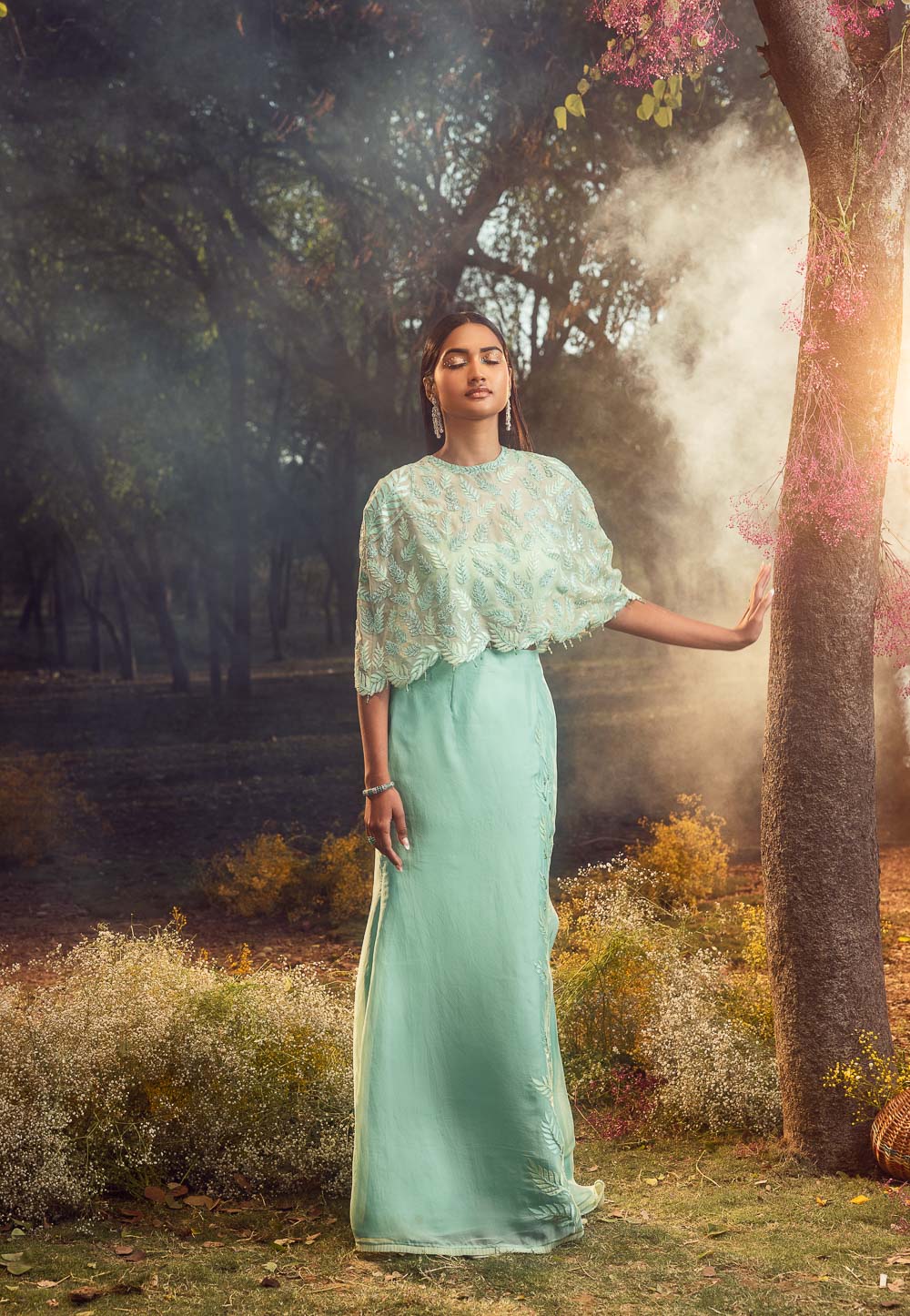 Aqua Blue Organza Skirt Set with Cape and Leaf Applique Bustier