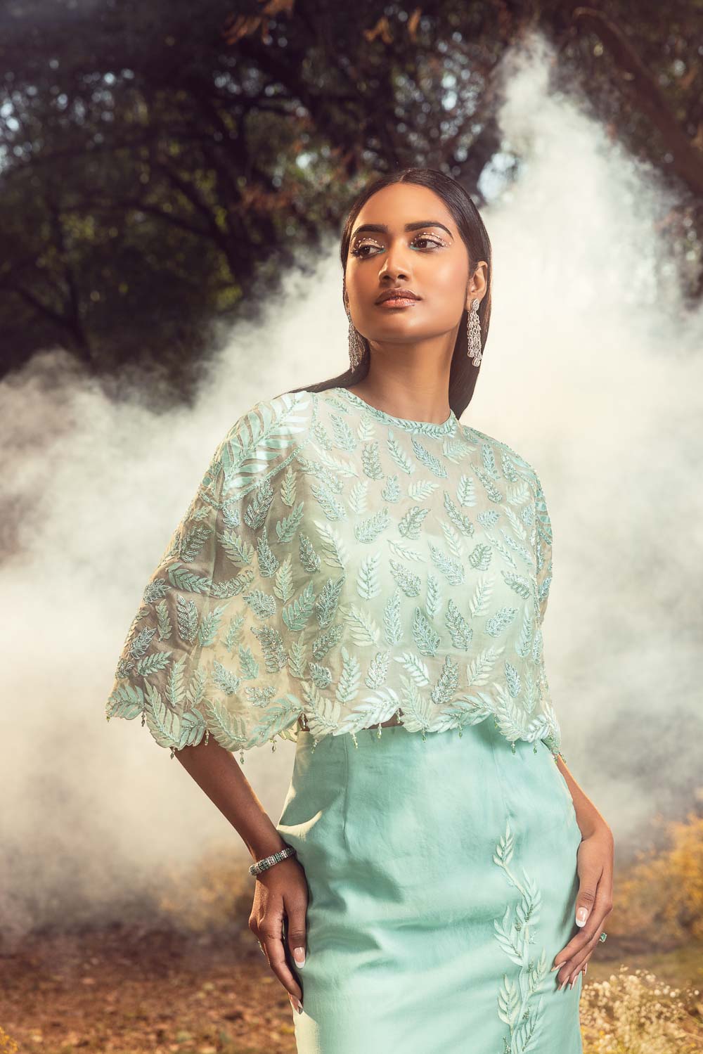 Aqua Blue Organza Skirt Set with Cape and Leaf Applique Bustier