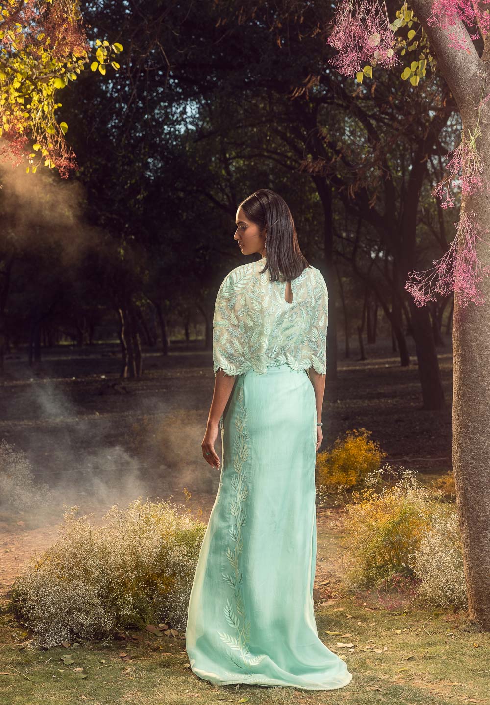 Aqua Blue Organza Skirt Set with Cape and Leaf Applique Bustier